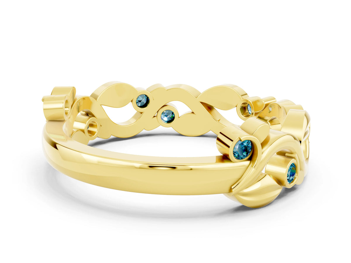 Round Blue Topaz Leaf Motif Eternity Band in Yellow gold with Bezel Setting