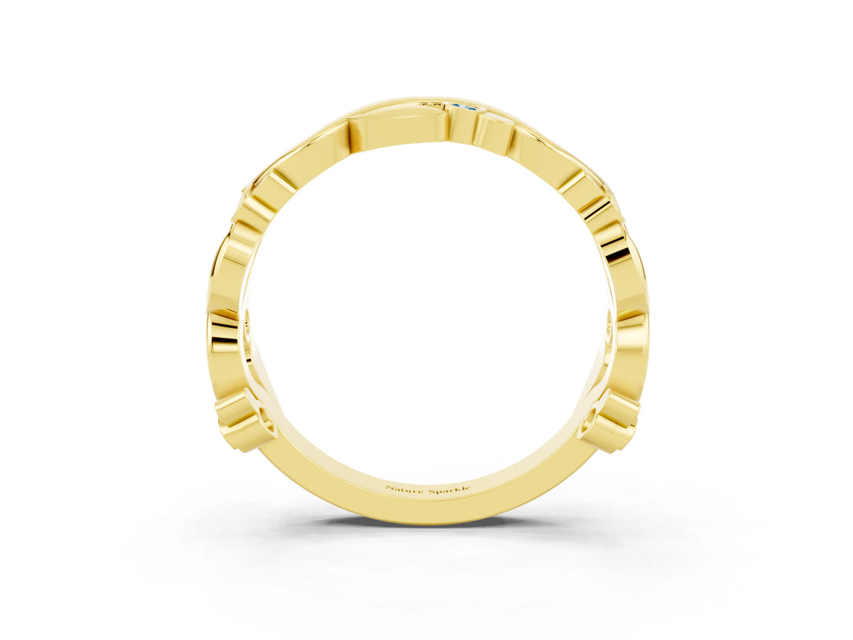 Round Blue Topaz Leaf Motif Eternity Band in Yellow gold with Bezel Setting_3