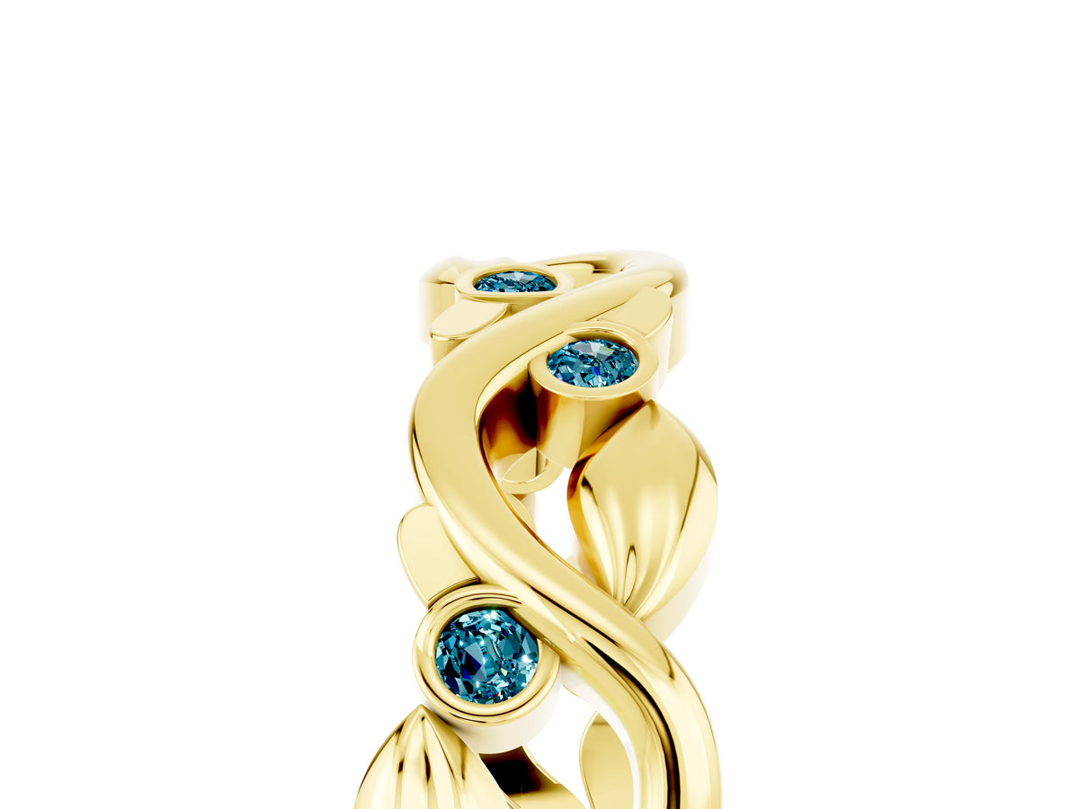 Round Blue Topaz Leaf Motif Eternity Band in Yellow gold with Bezel Setting_5