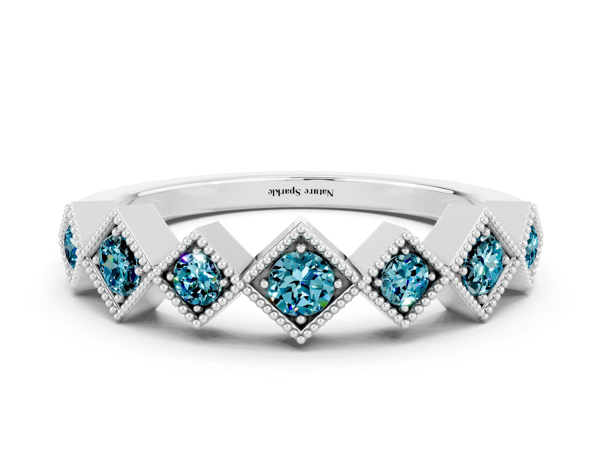 Round Blue Topaz Square Bezel Chevron Band in Platinum with Milgrain Detailing