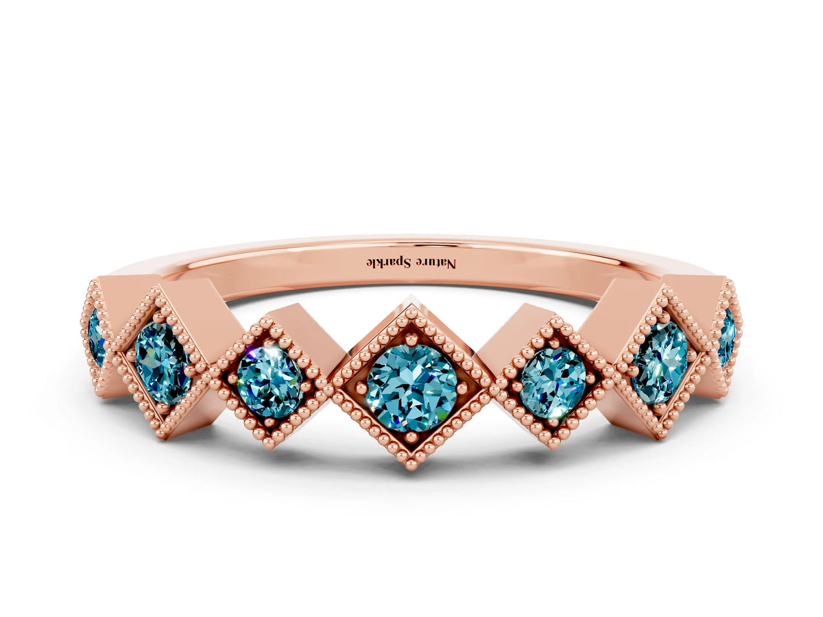 Round Blue Topaz Square Bezel Chevron Band in Rose gold with Milgrain Detailing