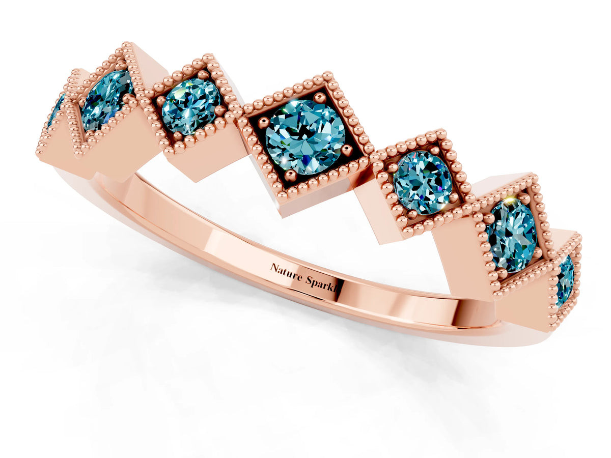Round Blue Topaz Square Bezel Chevron Band in Rose gold with Milgrain Detailing_1