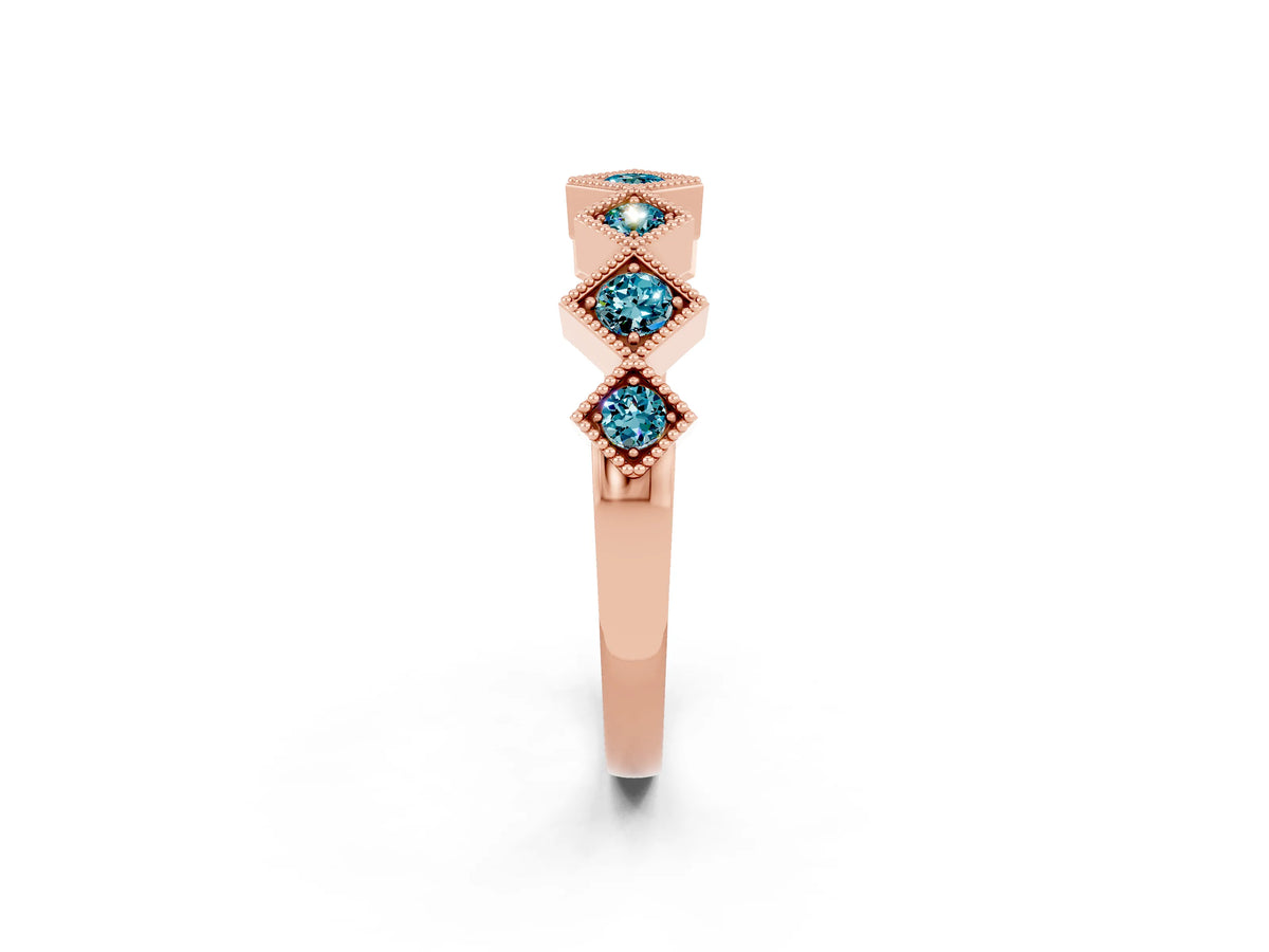 Round Blue Topaz Square Bezel Chevron Band in Rose gold with Milgrain Detailing_2
