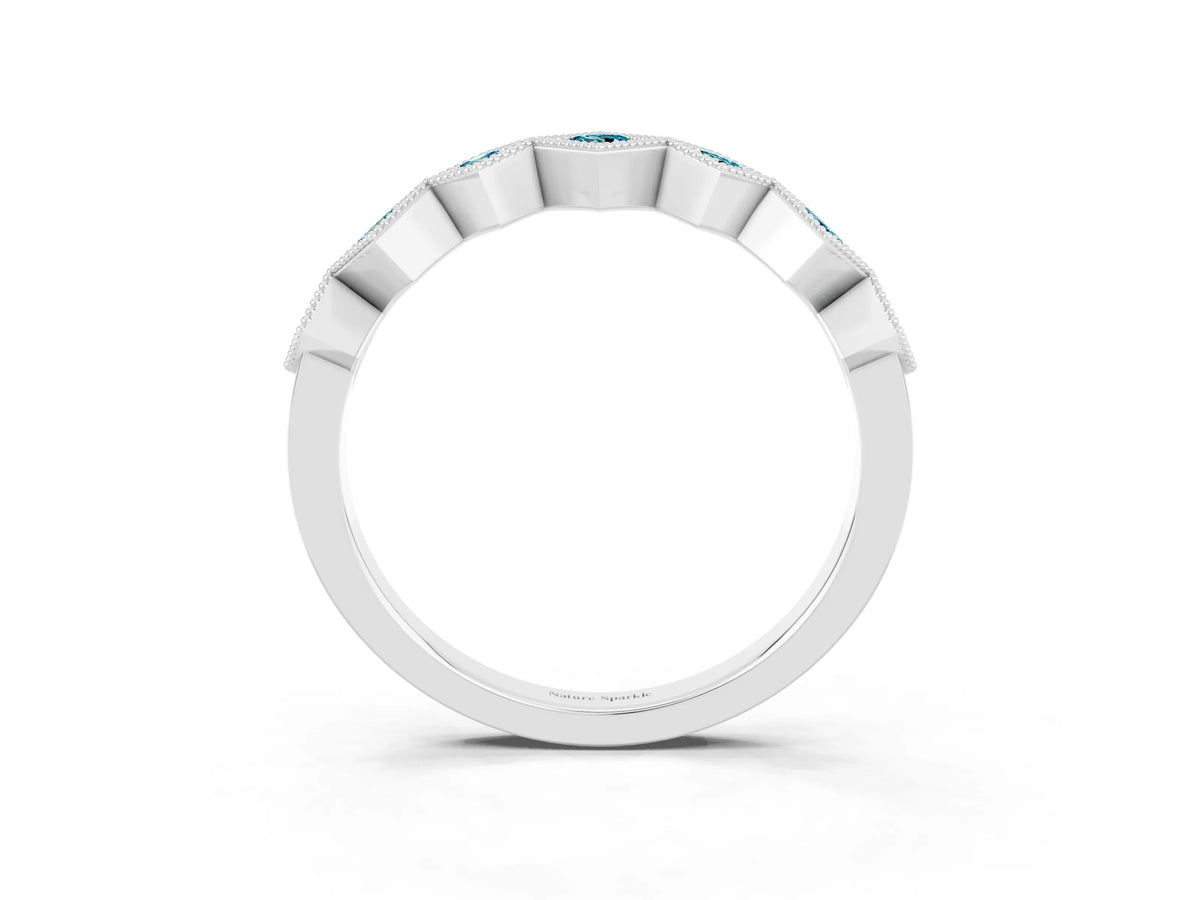 Round Blue Topaz Square Bezel Chevron Band in Silver with Milgrain Detailing_3