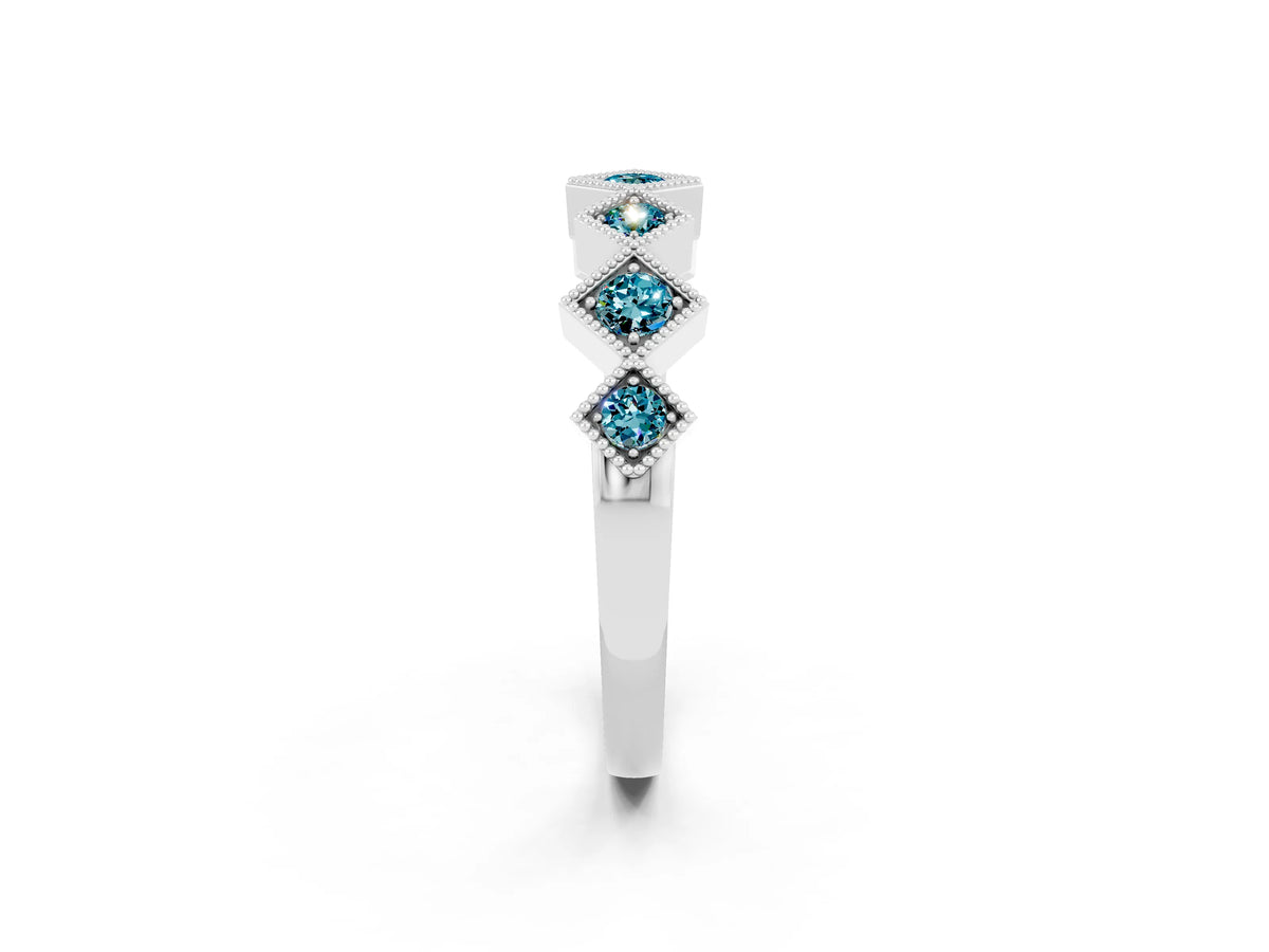 Round Blue Topaz Square Bezel Chevron Band in White gold with Milgrain Detailing_2