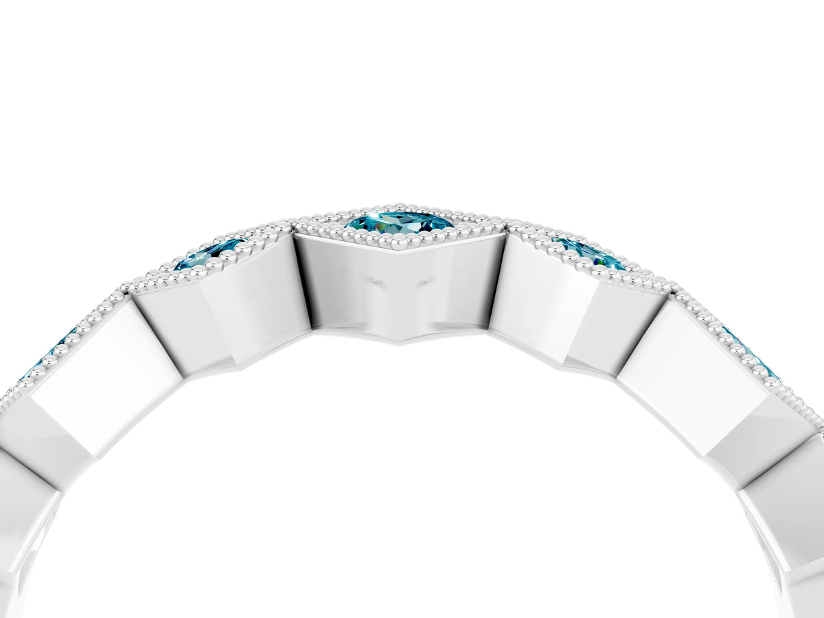 Round Blue Topaz Square Bezel Chevron Band in White gold with Milgrain Detailing_4