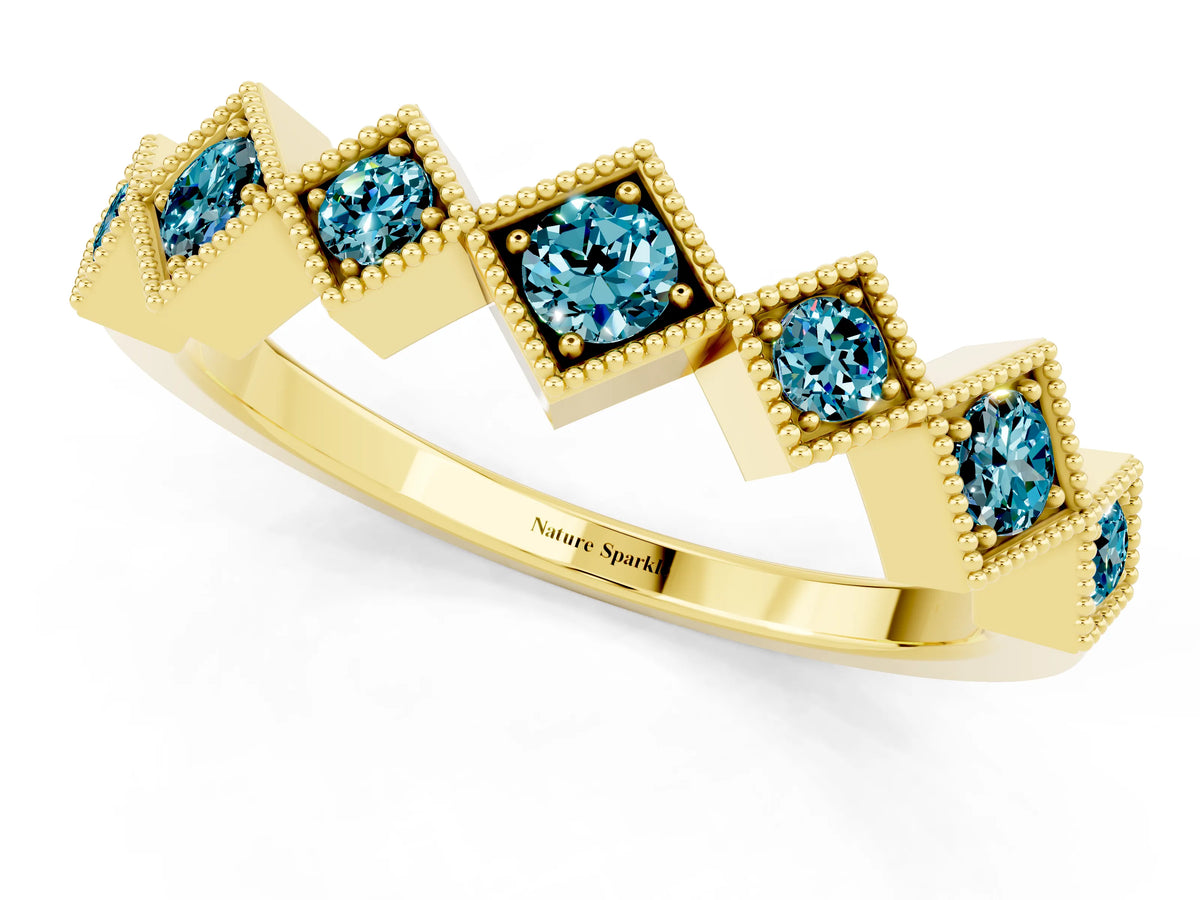 Round Blue Topaz Square Bezel Chevron Band in Yellow gold with Milgrain Detailing_1