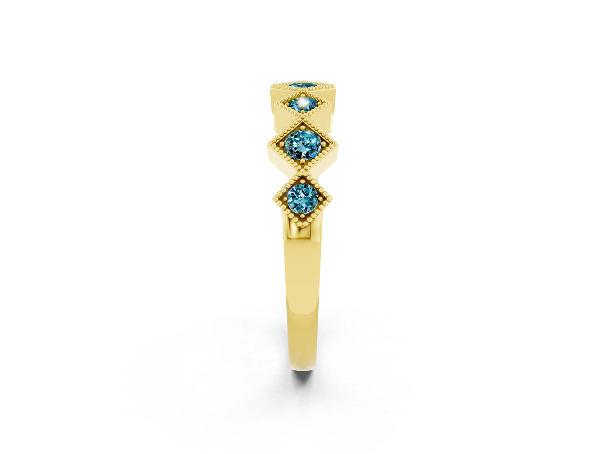 Round Blue Topaz Square Bezel Chevron Band in Yellow gold with Milgrain Detailing_2
