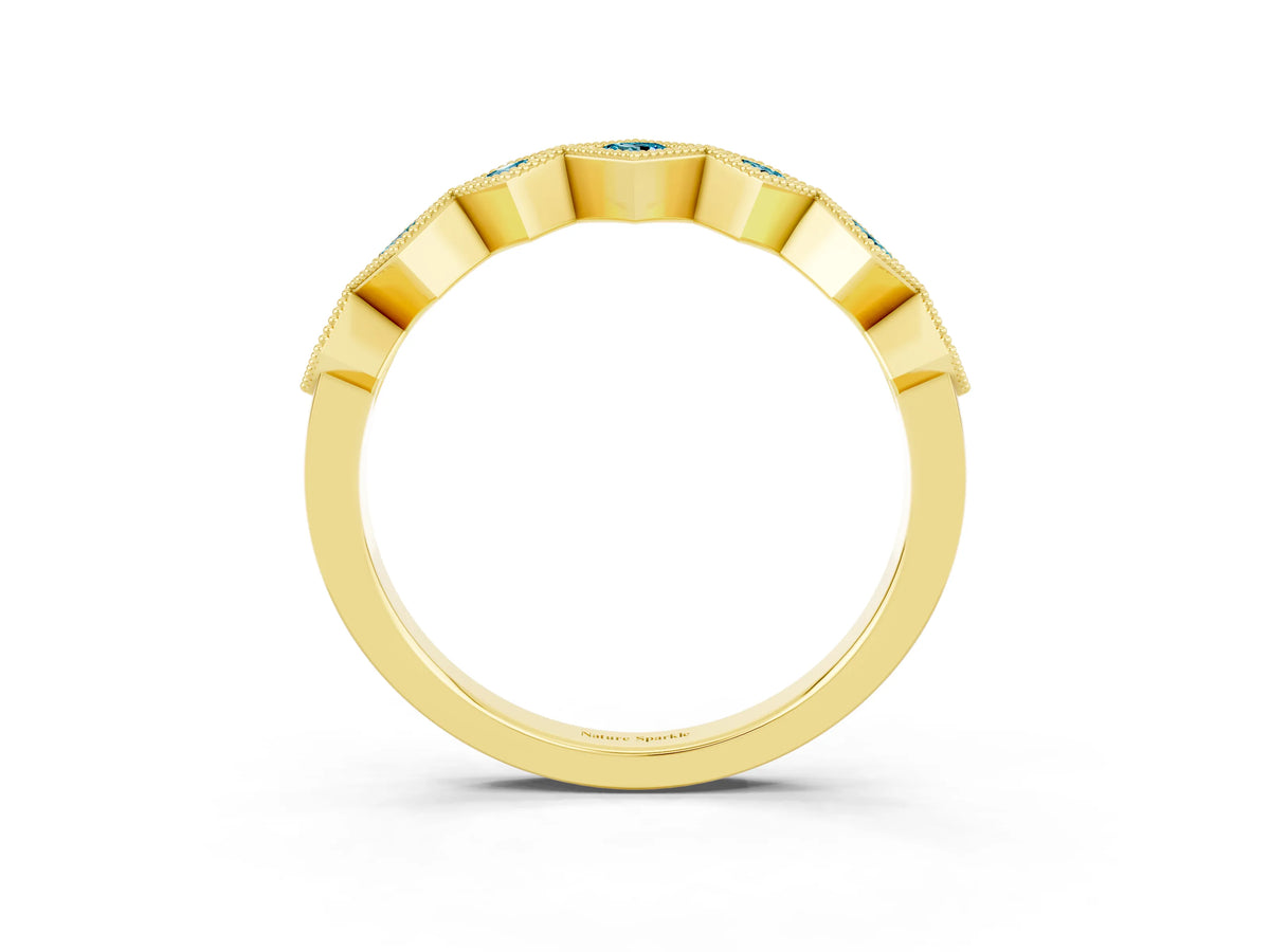 Round Blue Topaz Square Bezel Chevron Band in Yellow gold with Milgrain Detailing_3