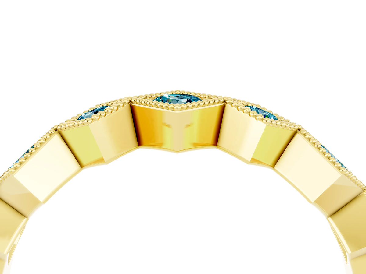 Round Blue Topaz Square Bezel Chevron Band in Yellow gold with Milgrain Detailing_4