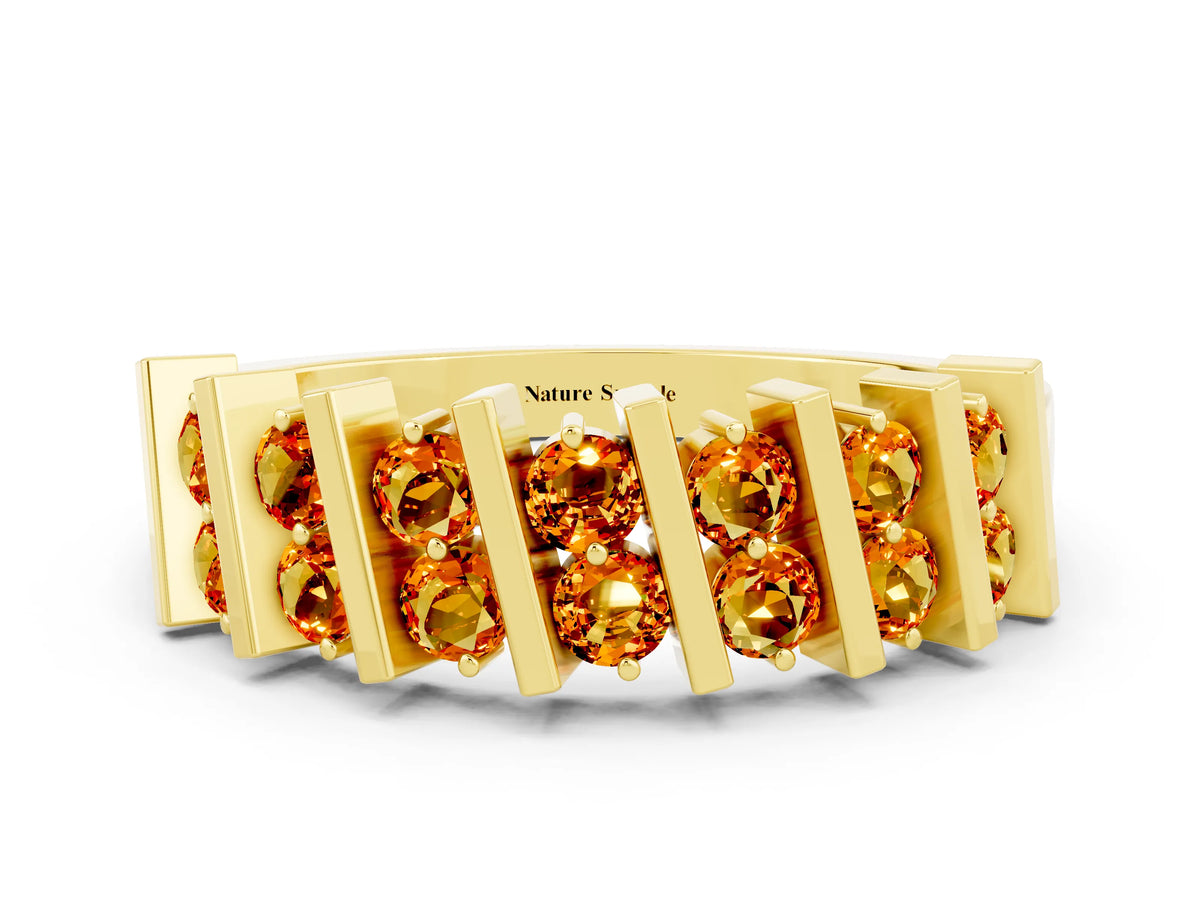 Round Citrine Anniversary Band in Yellow gold with Channel Setting and Vertical Prongs
