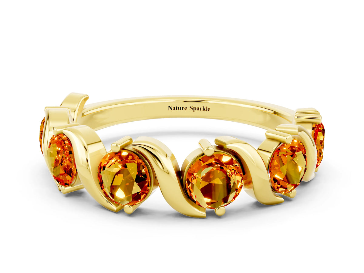 Round Citrine Half Eternity Band in Yellow gold with Wave Prong Setting