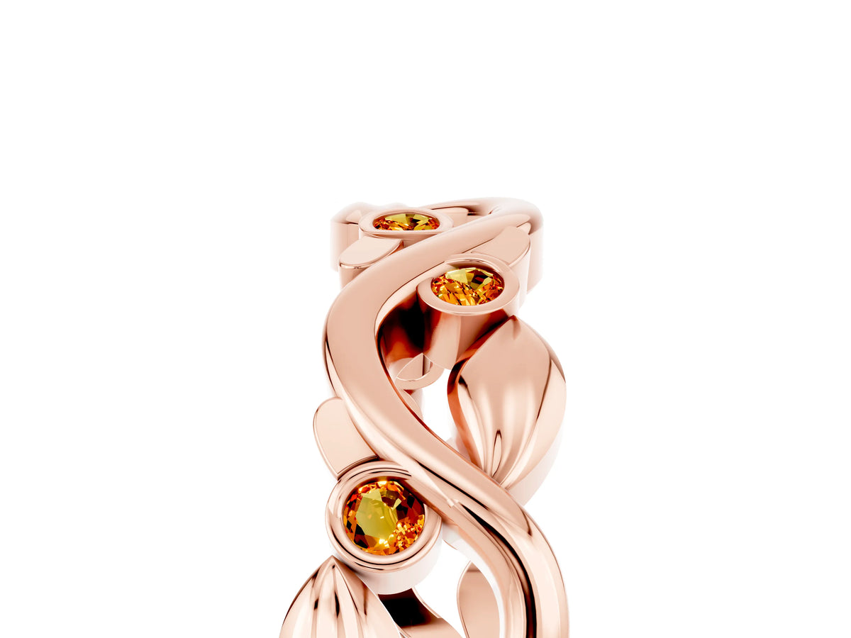 Round Citrine Leaf Motif Eternity Band in Rose gold with Bezel Setting_5