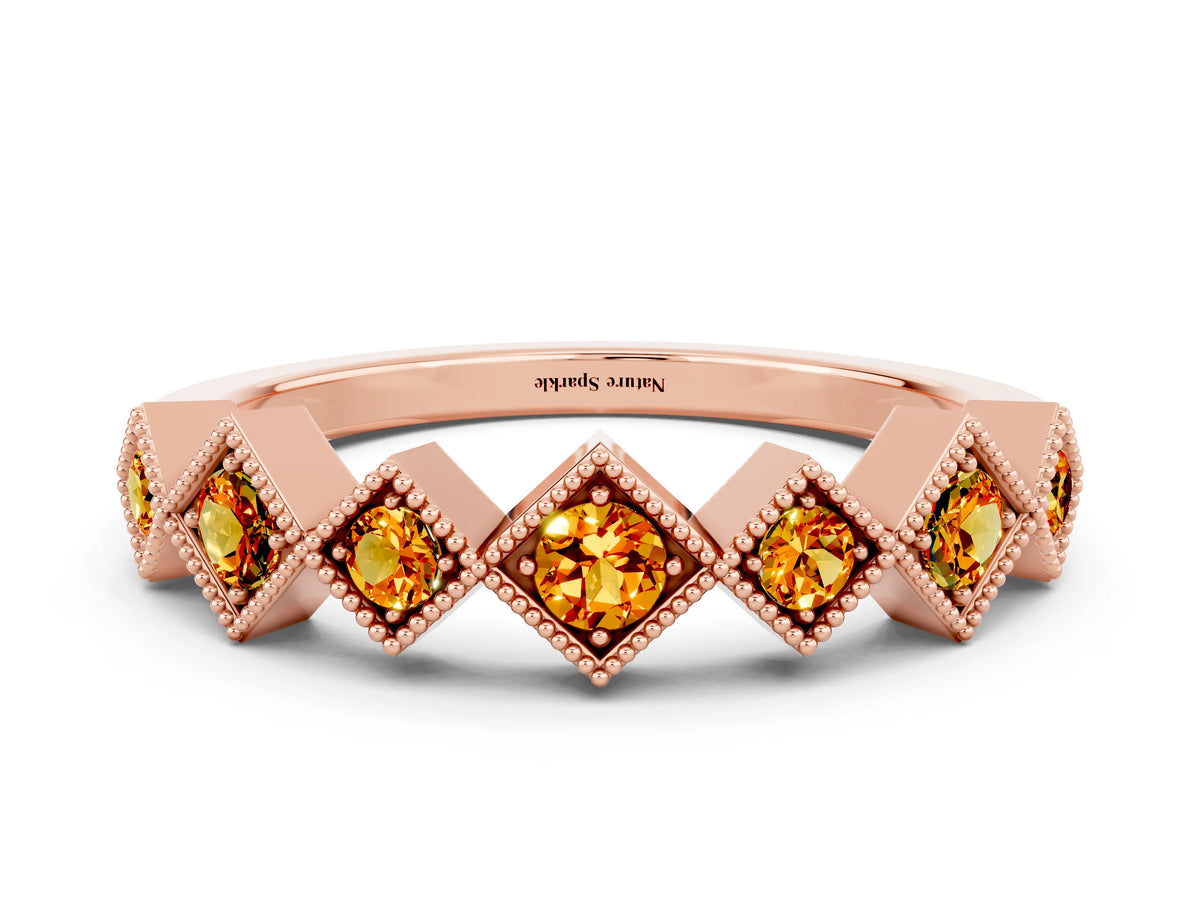 Round Citrine Square Bezel Chevron Band in Rose gold with Milgrain Detailing
