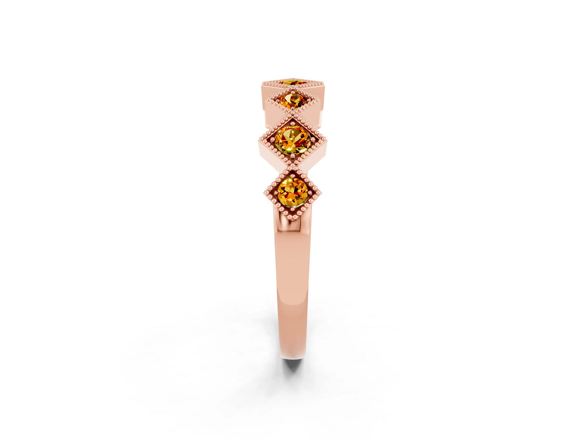 Round Citrine Square Bezel Chevron Band in Rose gold with Milgrain Detailing_2