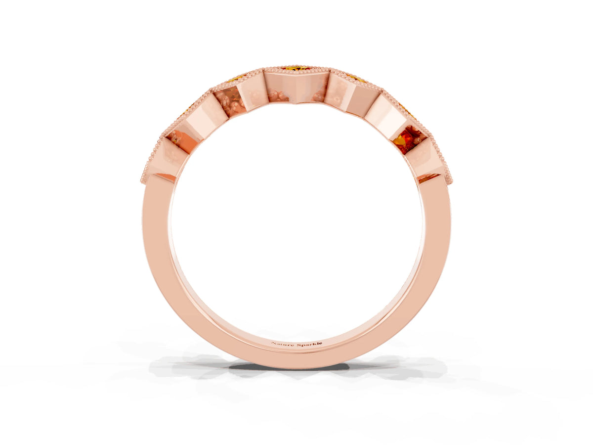 Round Citrine Square Bezel Chevron Band in Rose gold with Milgrain Detailing_3