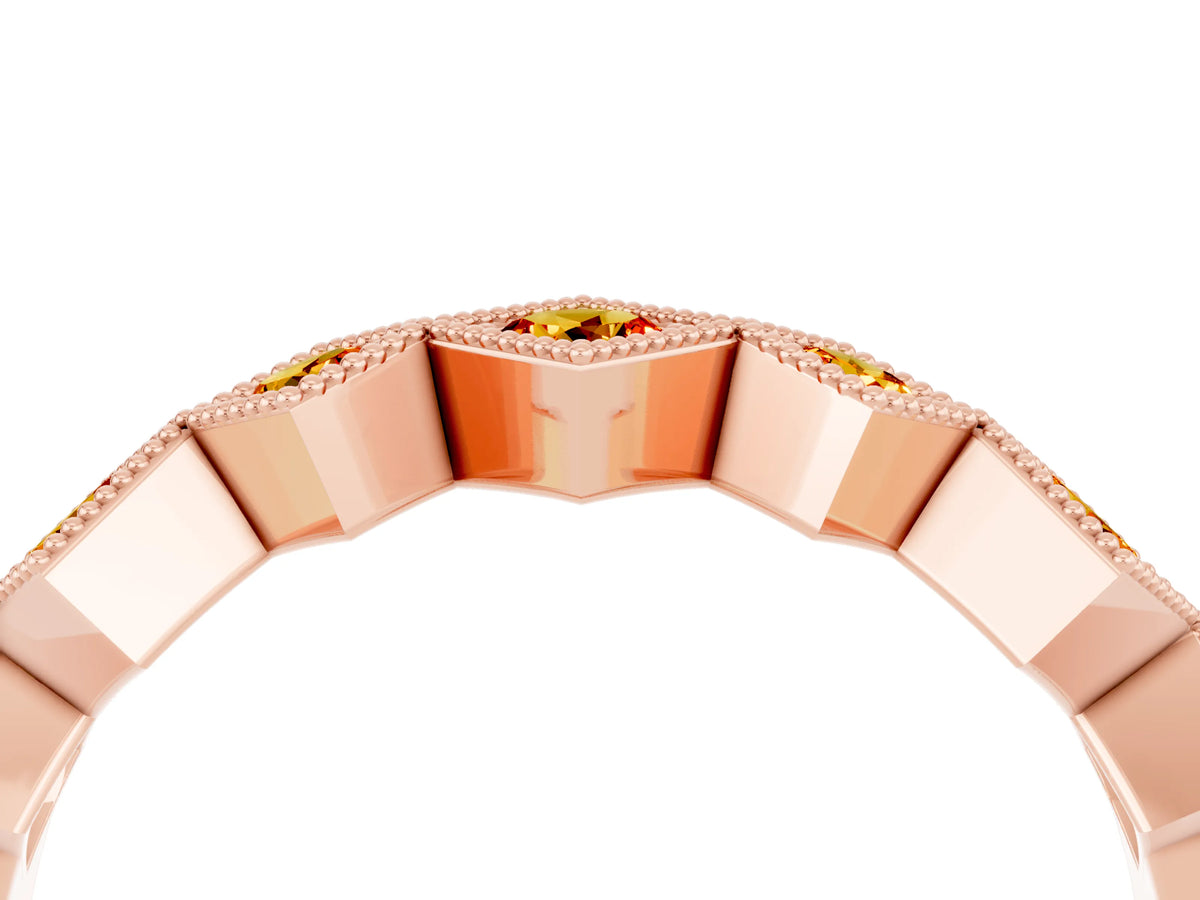 Round Citrine Square Bezel Chevron Band in Rose gold with Milgrain Detailing_4