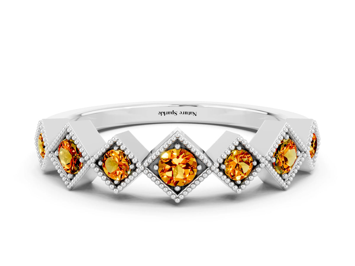 Round Citrine Square Bezel Chevron Band in Silver with Milgrain Detailing