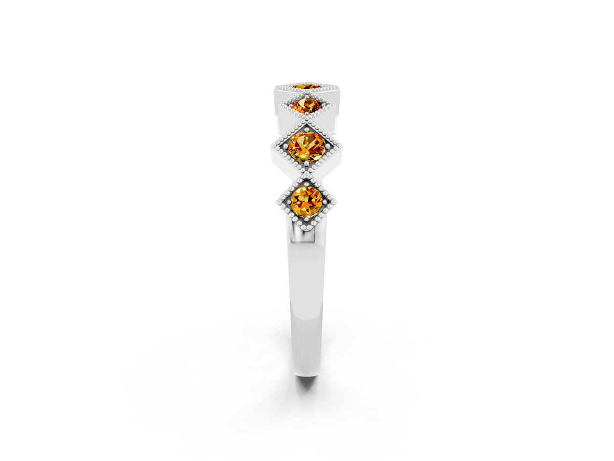 Round Citrine Square Bezel Chevron Band in Silver with Milgrain Detailing_2