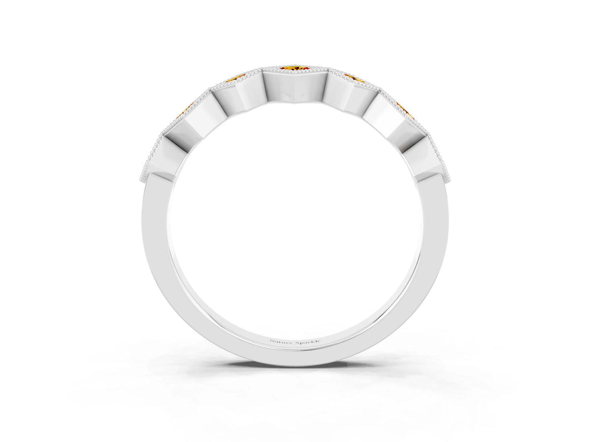 Round Citrine Square Bezel Chevron Band in White gold with Milgrain Detailing_3