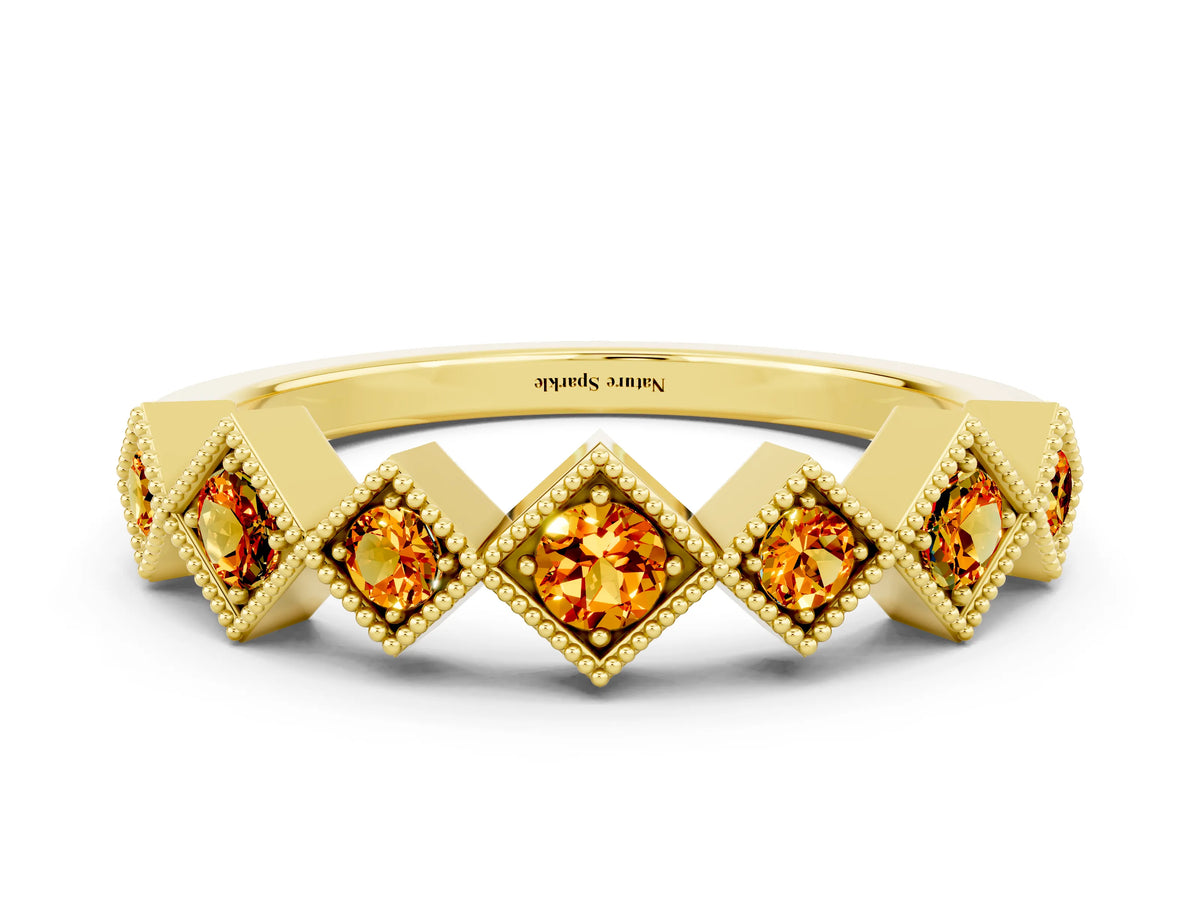 Round Citrine Square Bezel Chevron Band in Yellow gold with Milgrain Detailing