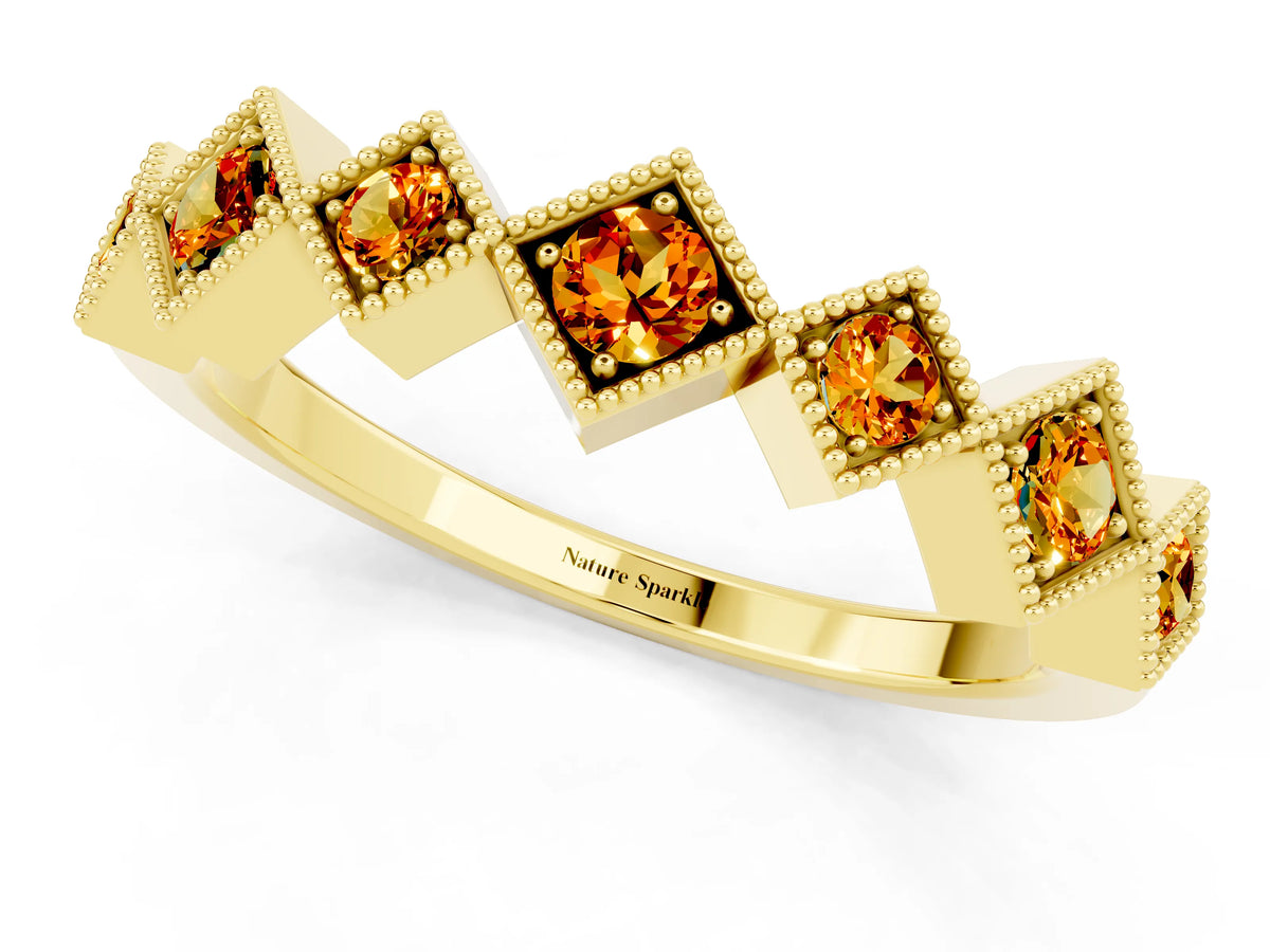 Round Citrine Square Bezel Chevron Band in Yellow gold with Milgrain Detailing_1