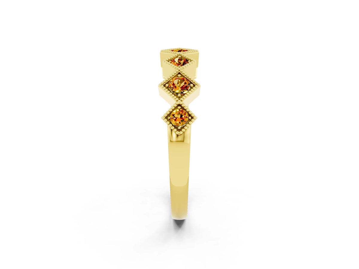 Round Citrine Square Bezel Chevron Band in Yellow gold with Milgrain Detailing_2