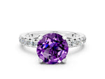 Round Cut Amethyst Pavé Solitaire Ring in Silver with Round Pavé Band and Prong Setting