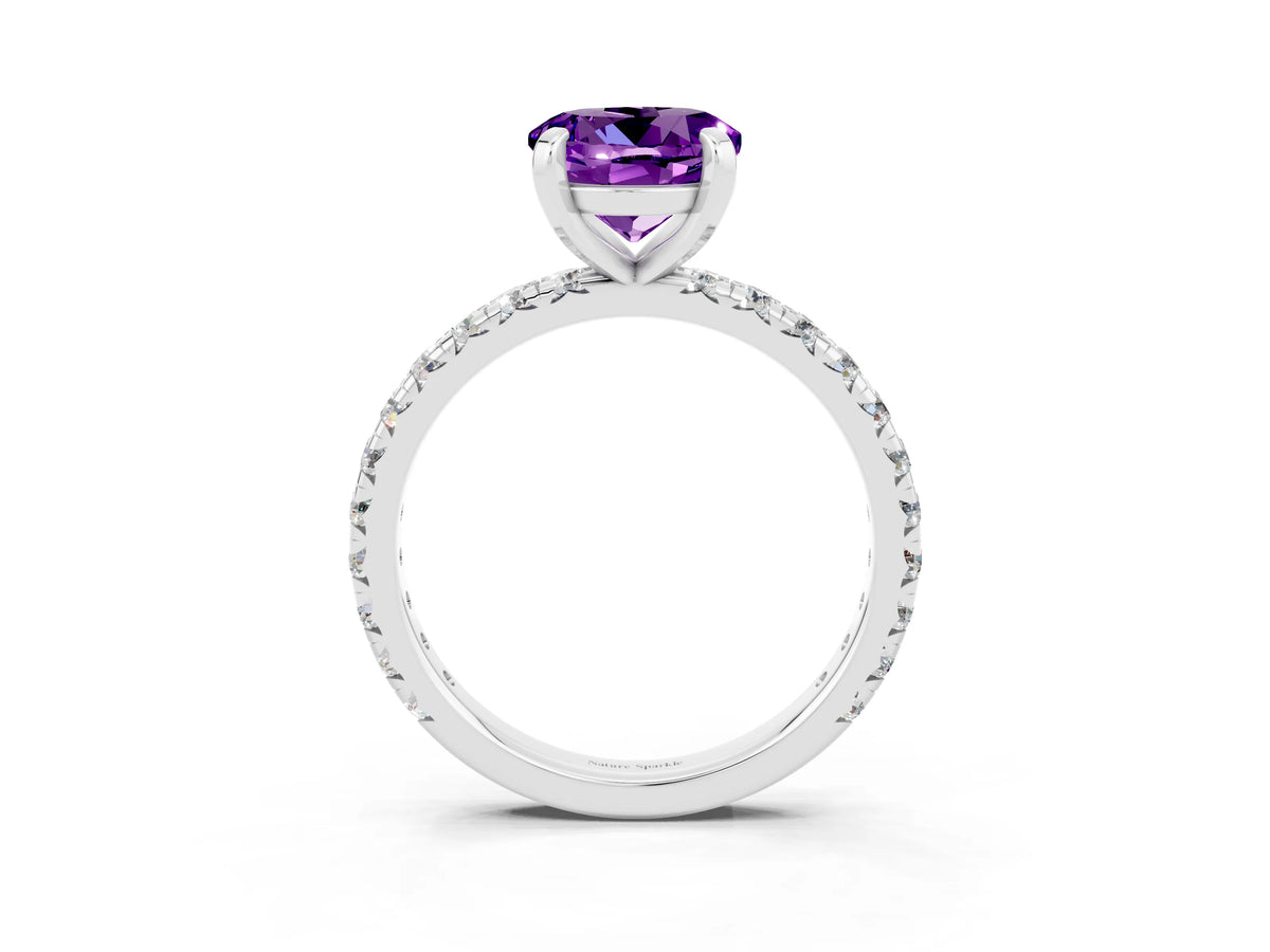 Round Cut Amethyst Pavé Solitaire Ring in Silver with Round Pavé Band and Prong Setting_3