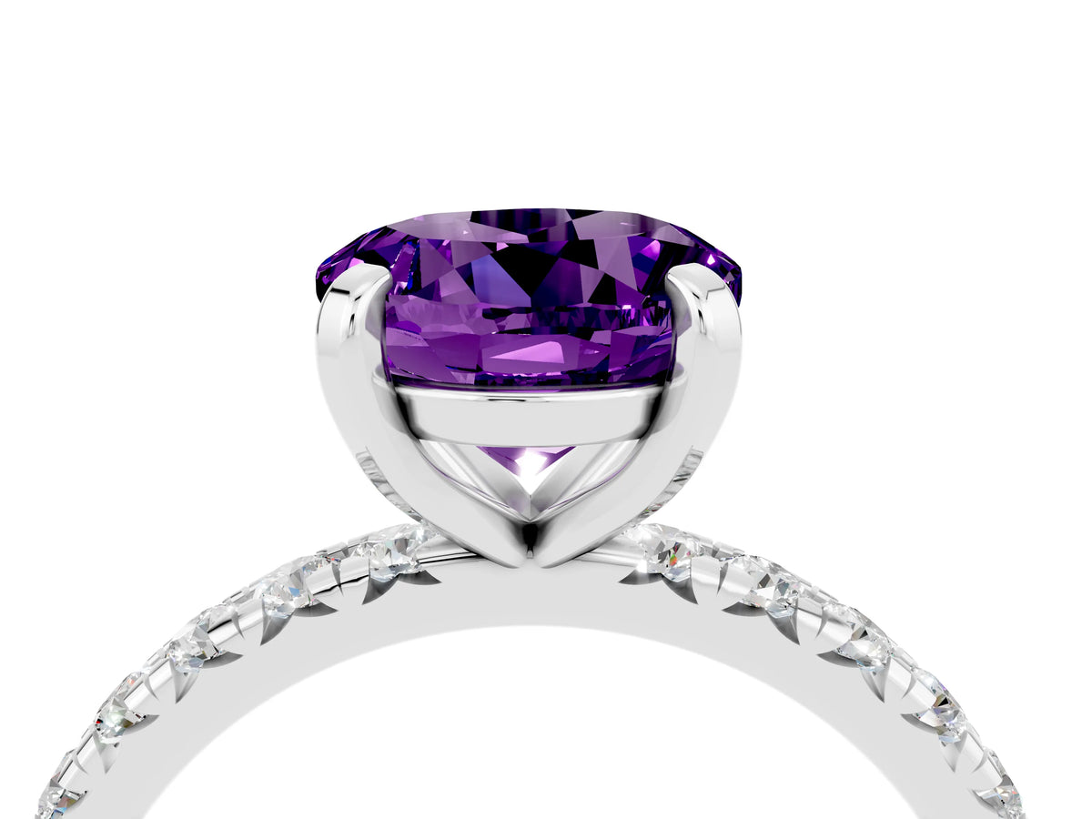 Round Cut Amethyst Pavé Solitaire Ring in Silver with Round Pavé Band and Prong Setting_4
