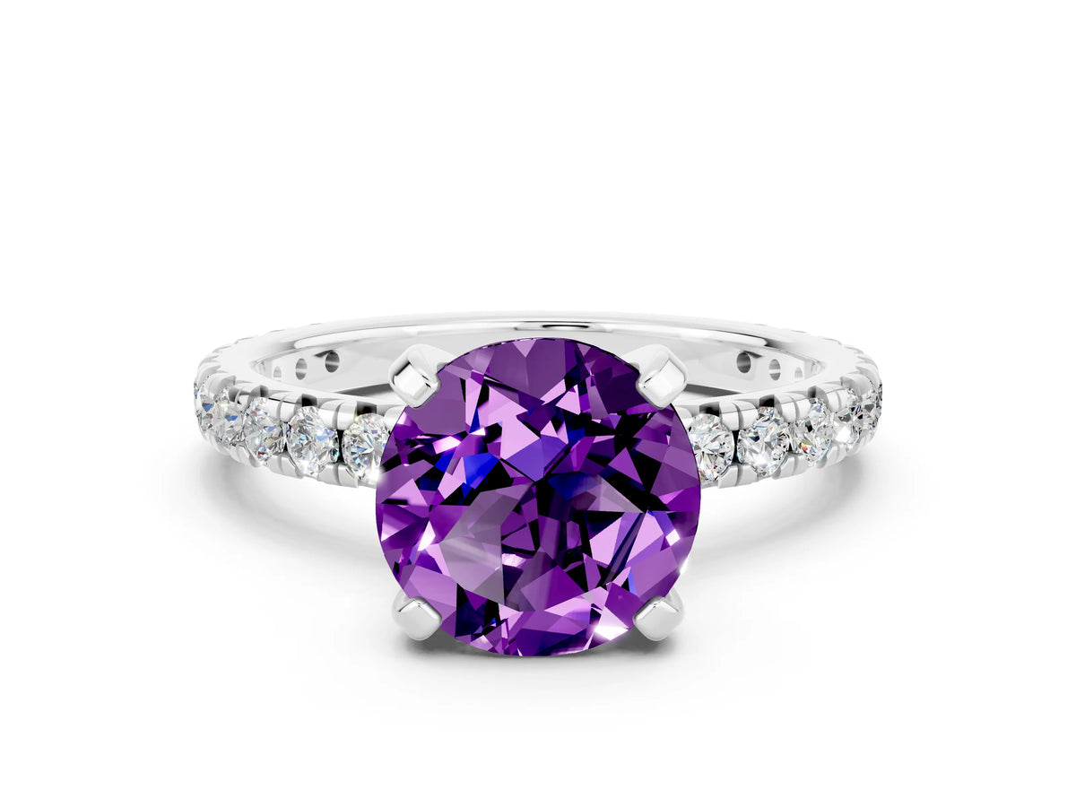 Round Cut Amethyst Pavé Solitaire Ring in White gold with Round Pavé Band and Prong Setting