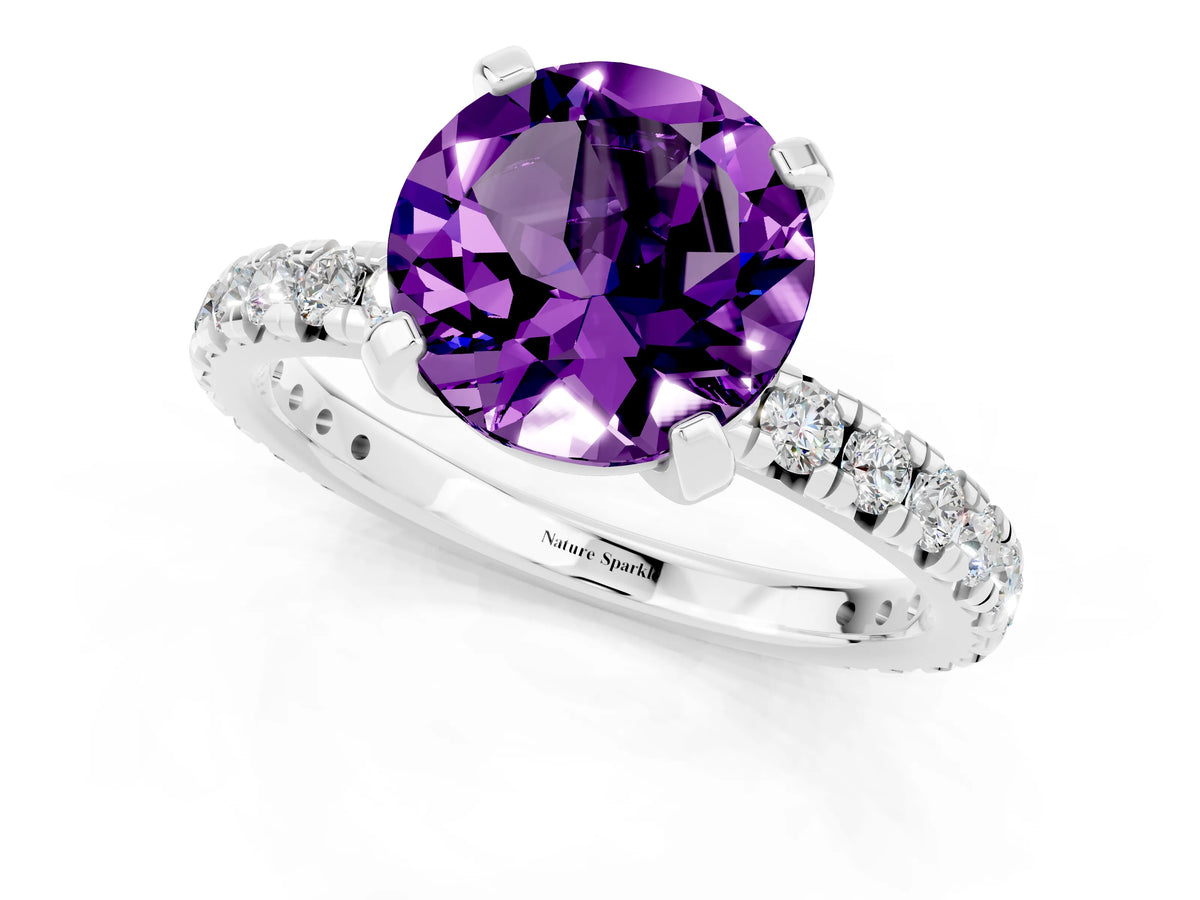 Round Cut Amethyst Pavé Solitaire Ring in White gold with Round Pavé Band and Prong Setting_1