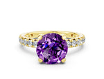 Round Cut Amethyst Pavé Solitaire Ring in Yellow gold with Round Pavé Band and Prong Setting
