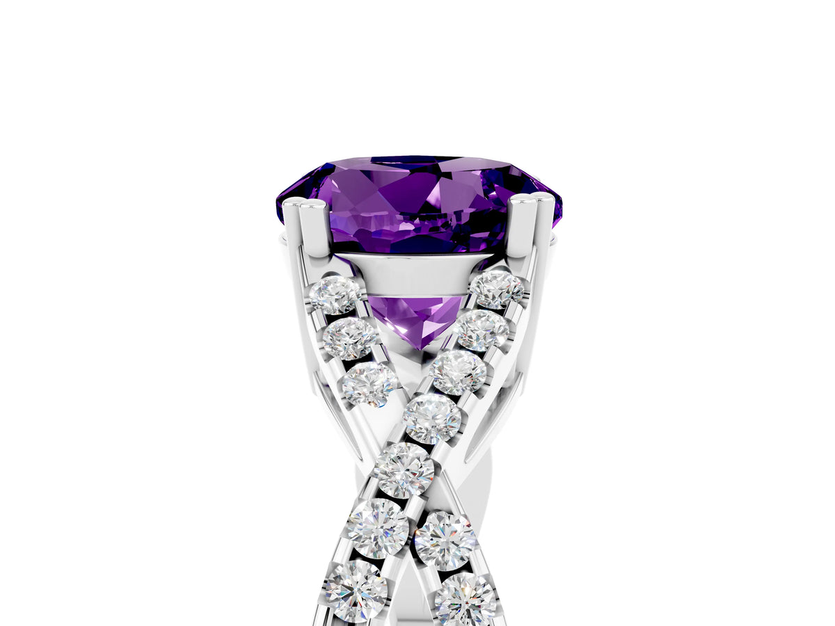 Round Cut Amethyst Solitaire Ring in Platinum with Interwoven Pavé Band and Prong Setting_11