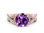 Round Cut Amethyst Solitaire Ring in Rose gold with Interwoven Pavé Band and Prong Setting