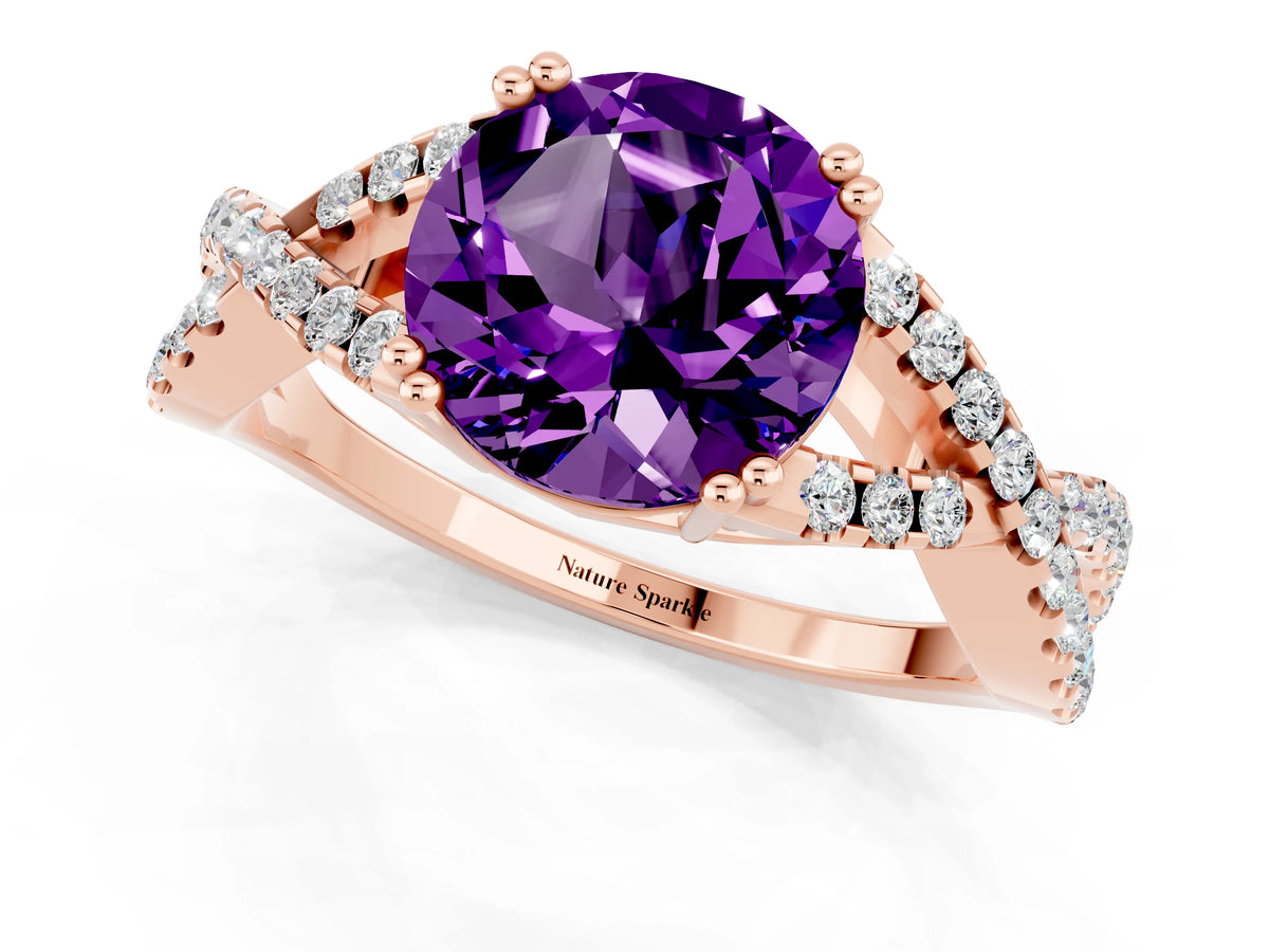 Round Cut Amethyst Solitaire Ring in Rose gold with Interwoven Pavé Band and Prong Setting_1