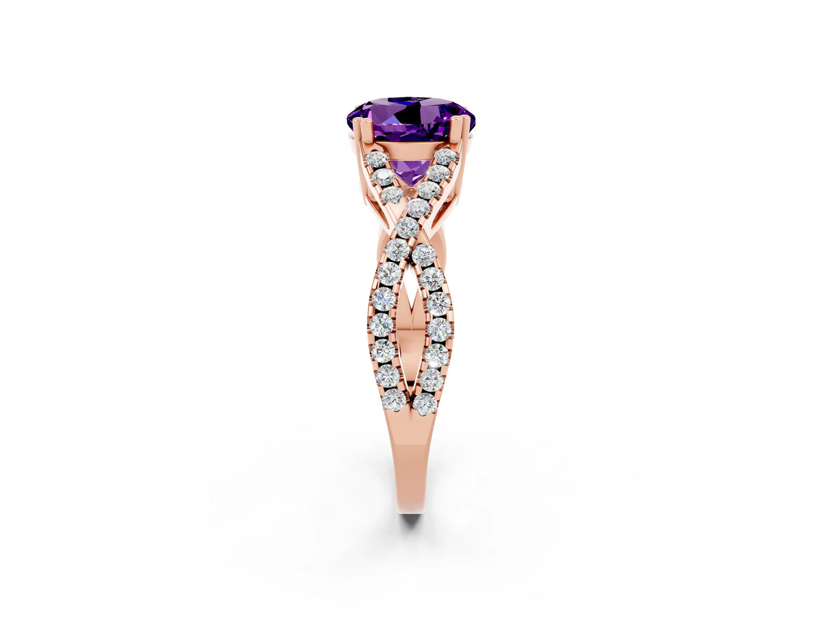 Round Cut Amethyst Solitaire Ring in Rose gold with Interwoven Pavé Band and Prong Setting_2