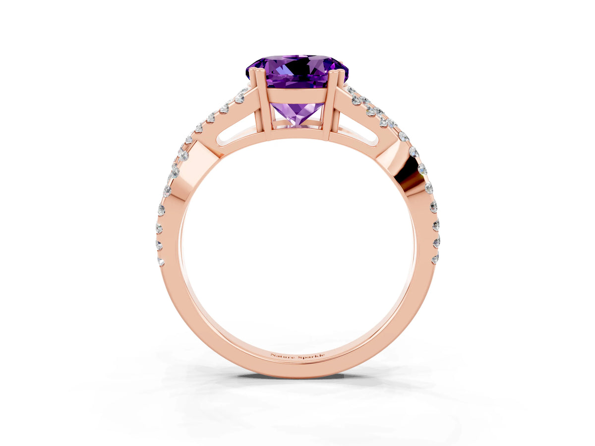 Round Cut Amethyst Solitaire Ring in Rose gold with Interwoven Pavé Band and Prong Setting_3