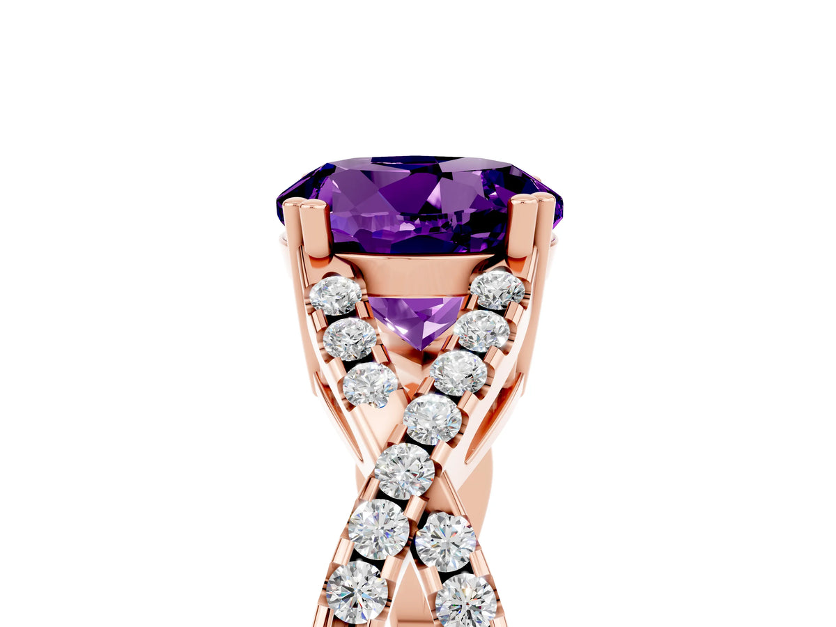 Round Cut Amethyst Solitaire Ring in Rose gold with Interwoven Pavé Band and Prong Setting_5