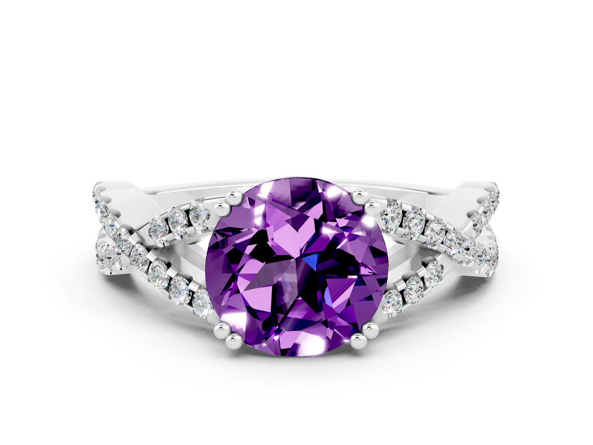Round Cut Amethyst Solitaire Ring in White gold with Interwoven Pavé Band and Prong Setting