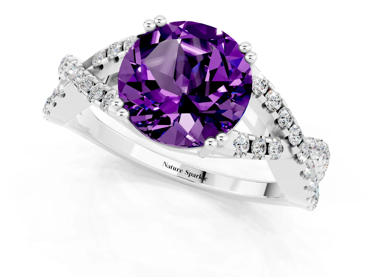 Round Cut Amethyst Solitaire Ring in White gold with Interwoven Pavé Band and Prong Setting_1