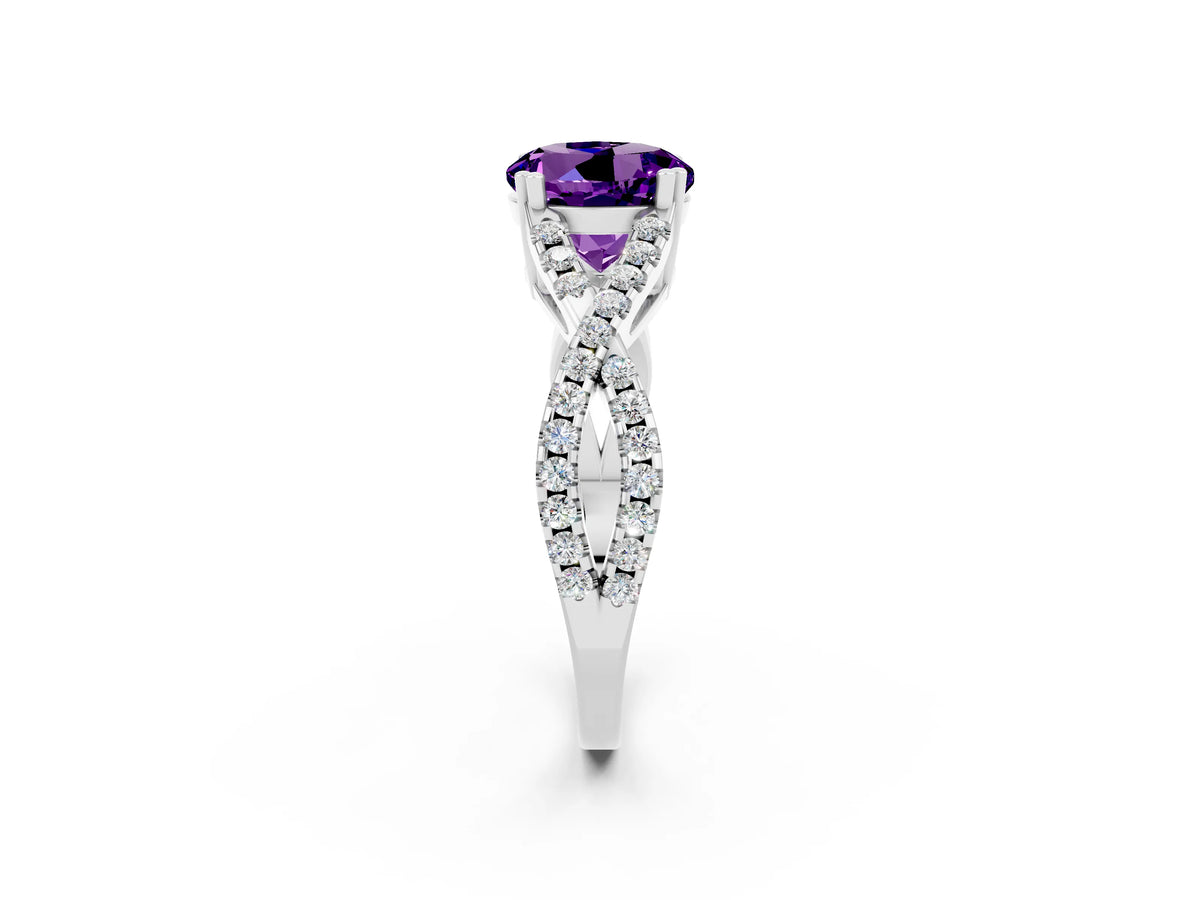 Round Cut Amethyst Solitaire Ring in White gold with Interwoven Pavé Band and Prong Setting_2