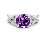Round Cut Amethyst Solitaire Ring in White gold with Interwoven Pavé Band and Prong Setting