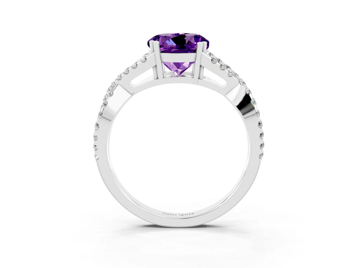 Round Cut Amethyst Solitaire Ring in White gold with Interwoven Pavé Band and Prong Setting_3