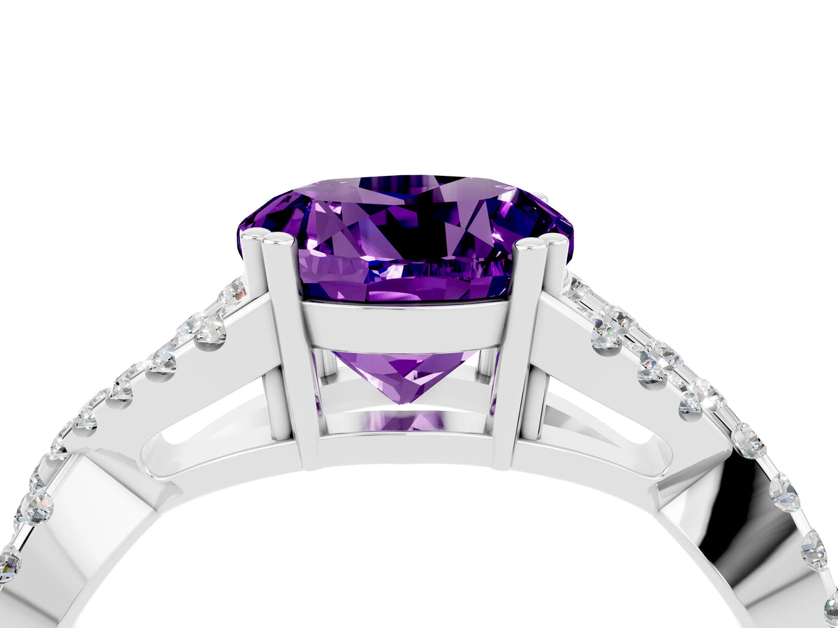 Round Cut Amethyst Solitaire Ring in White gold with Interwoven Pavé Band and Prong Setting_4