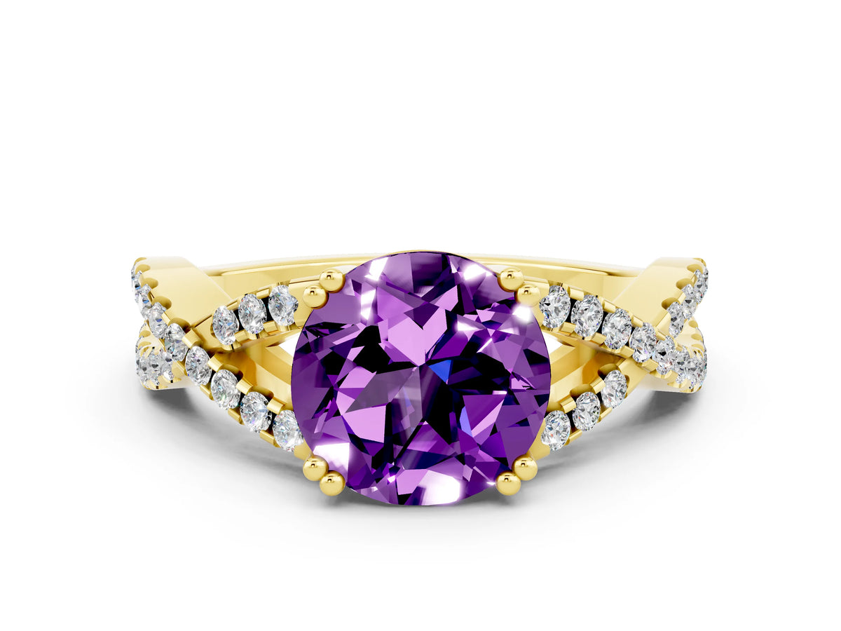 Round Cut Amethyst Solitaire Ring in Yellow gold with Interwoven Pavé Band and Prong Setting