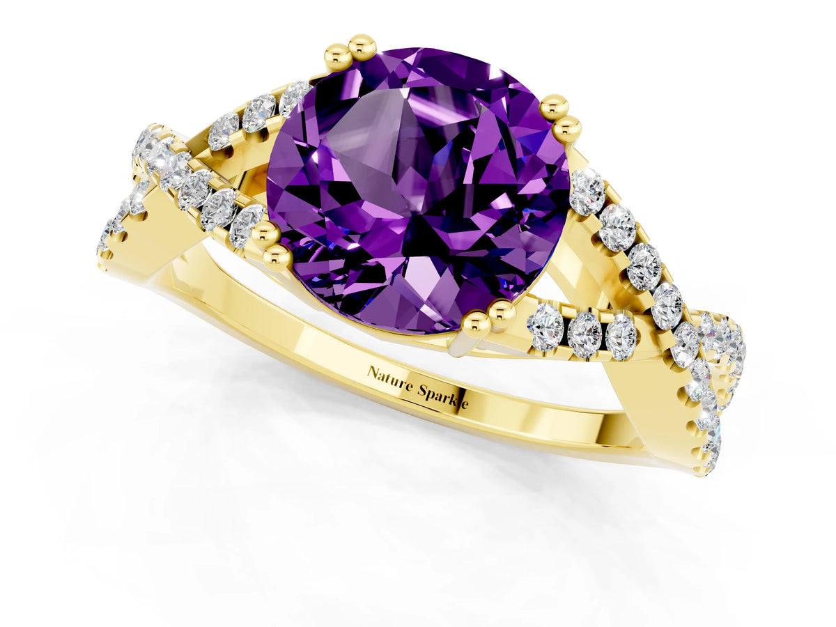 Round Cut Amethyst Solitaire Ring in Yellow gold with Interwoven Pavé Band and Prong Setting_1
