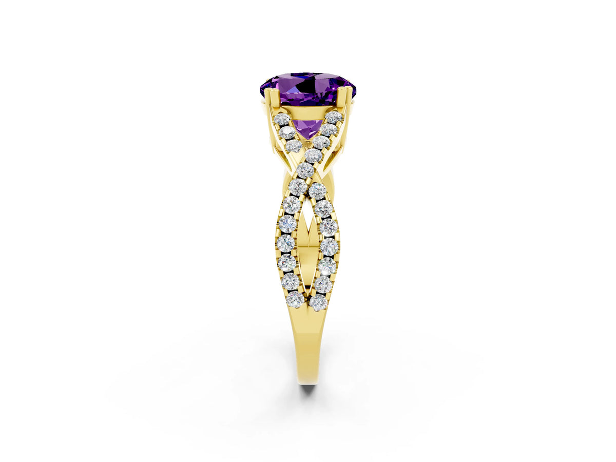 Round Cut Amethyst Solitaire Ring in Yellow gold with Interwoven Pavé Band and Prong Setting_2