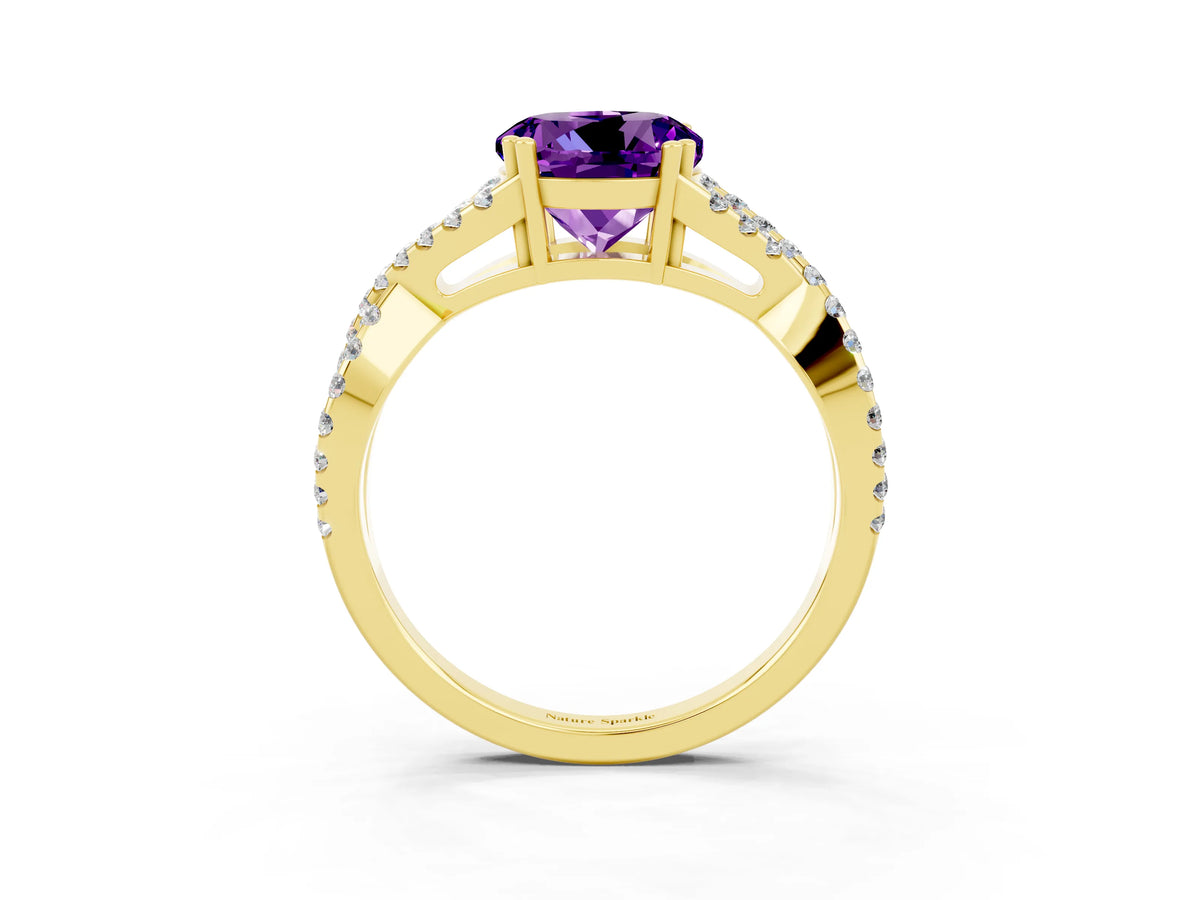 Round Cut Amethyst Solitaire Ring in Yellow gold with Interwoven Pavé Band and Prong Setting_3