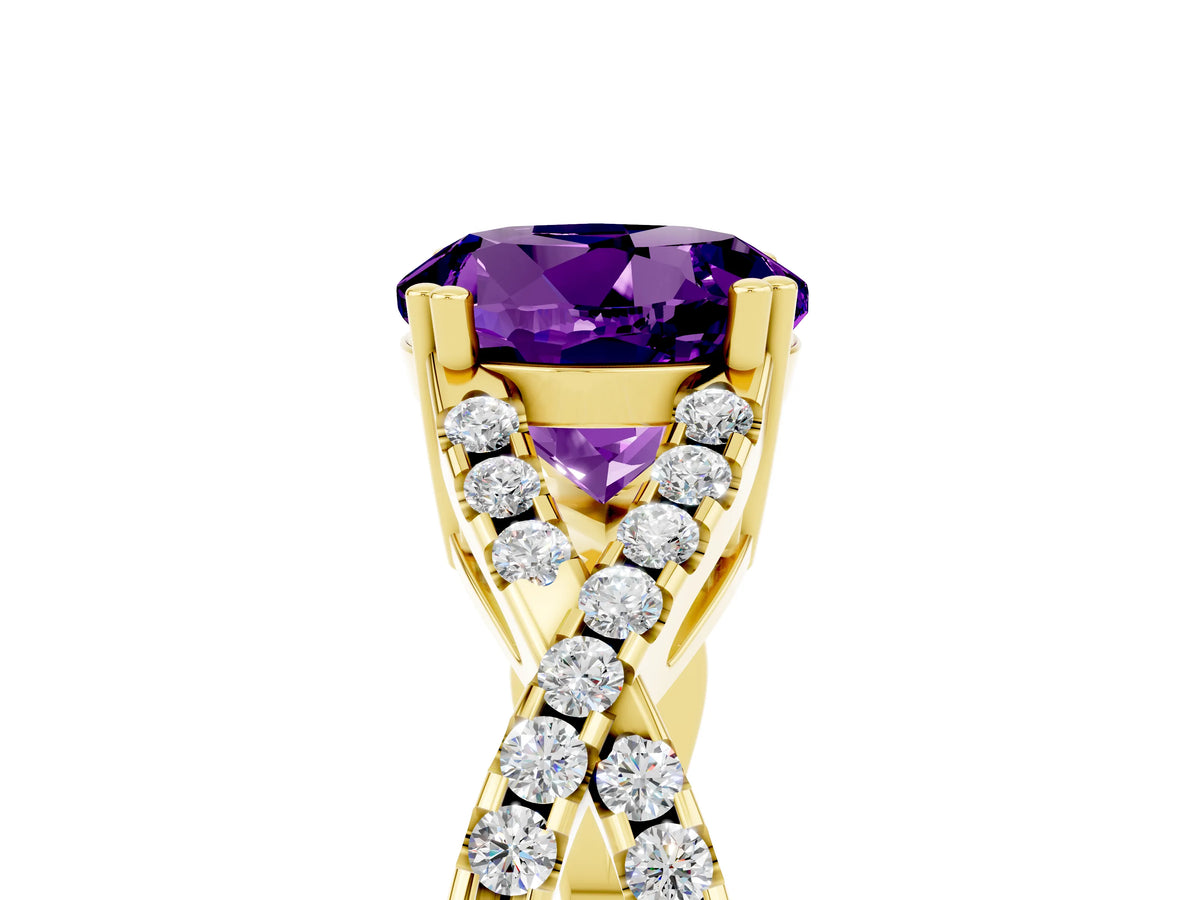 Round Cut Amethyst Solitaire Ring in Yellow gold with Interwoven Pavé Band and Prong Setting_5